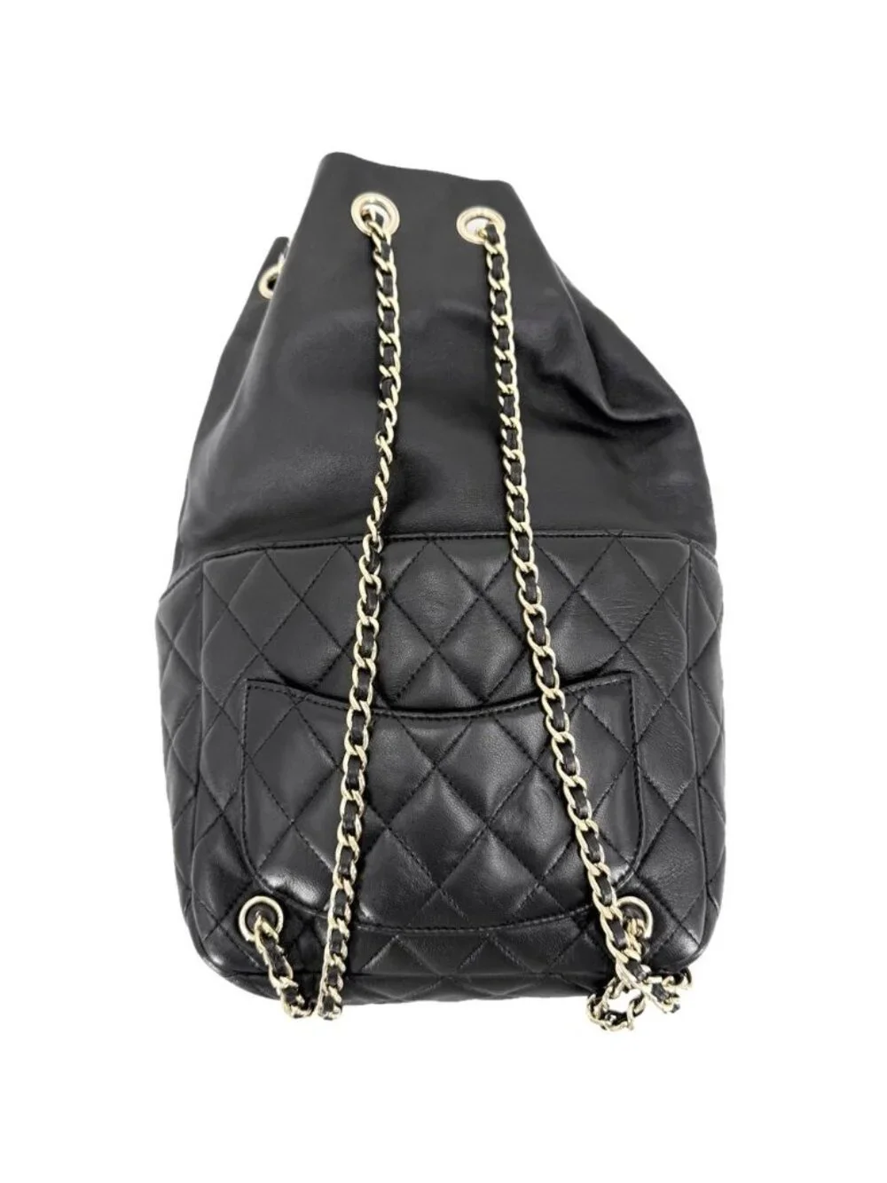 Chanel Backpack CC Logo Quilted Drawstring Leather Black Gold